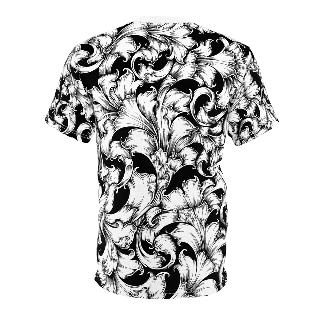 Elegant Unisex Graphic Tee, Black and White Floral Print Shirt, Trendy Casual Wear, Gift for Art Lovers, Everyday Style