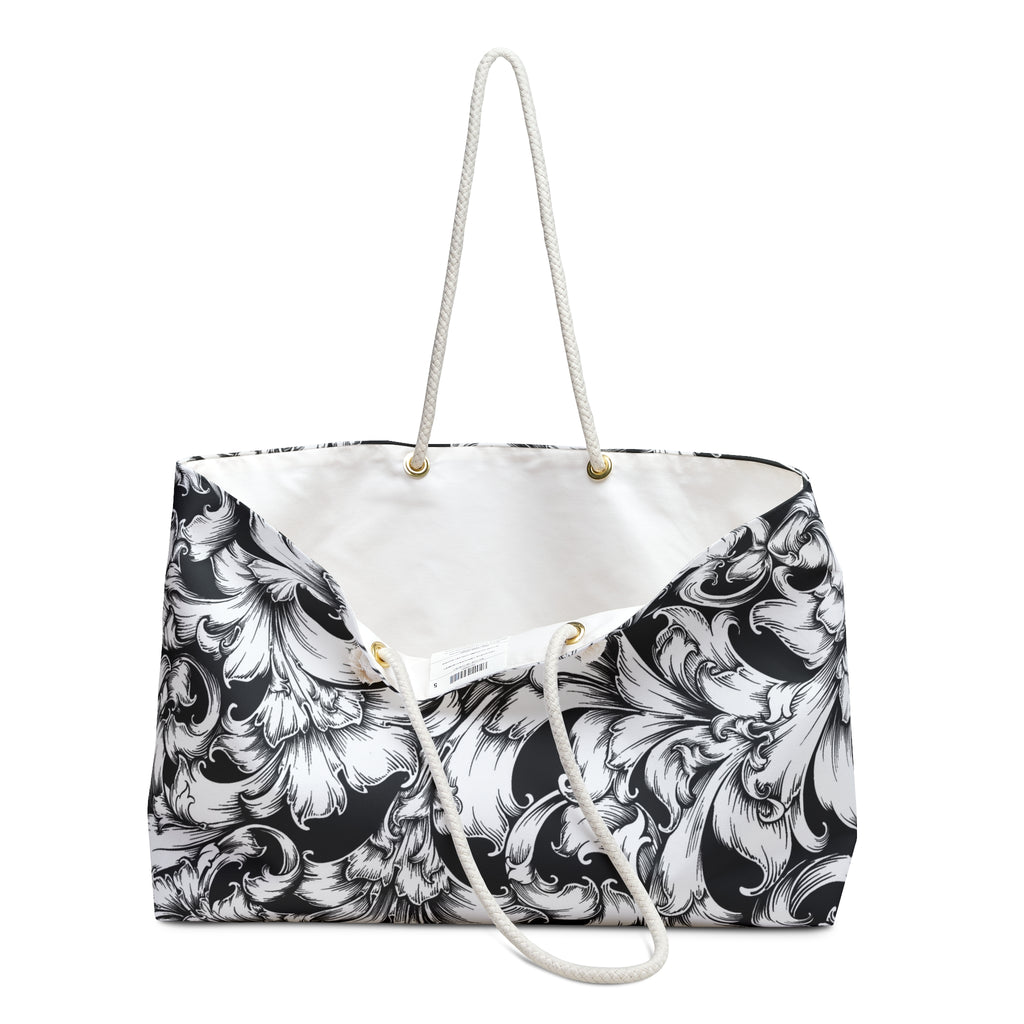 Stylish Weekender Bag for Travel, Gym, Yoga, Tote, Gym Bag, Black and White Floral Design