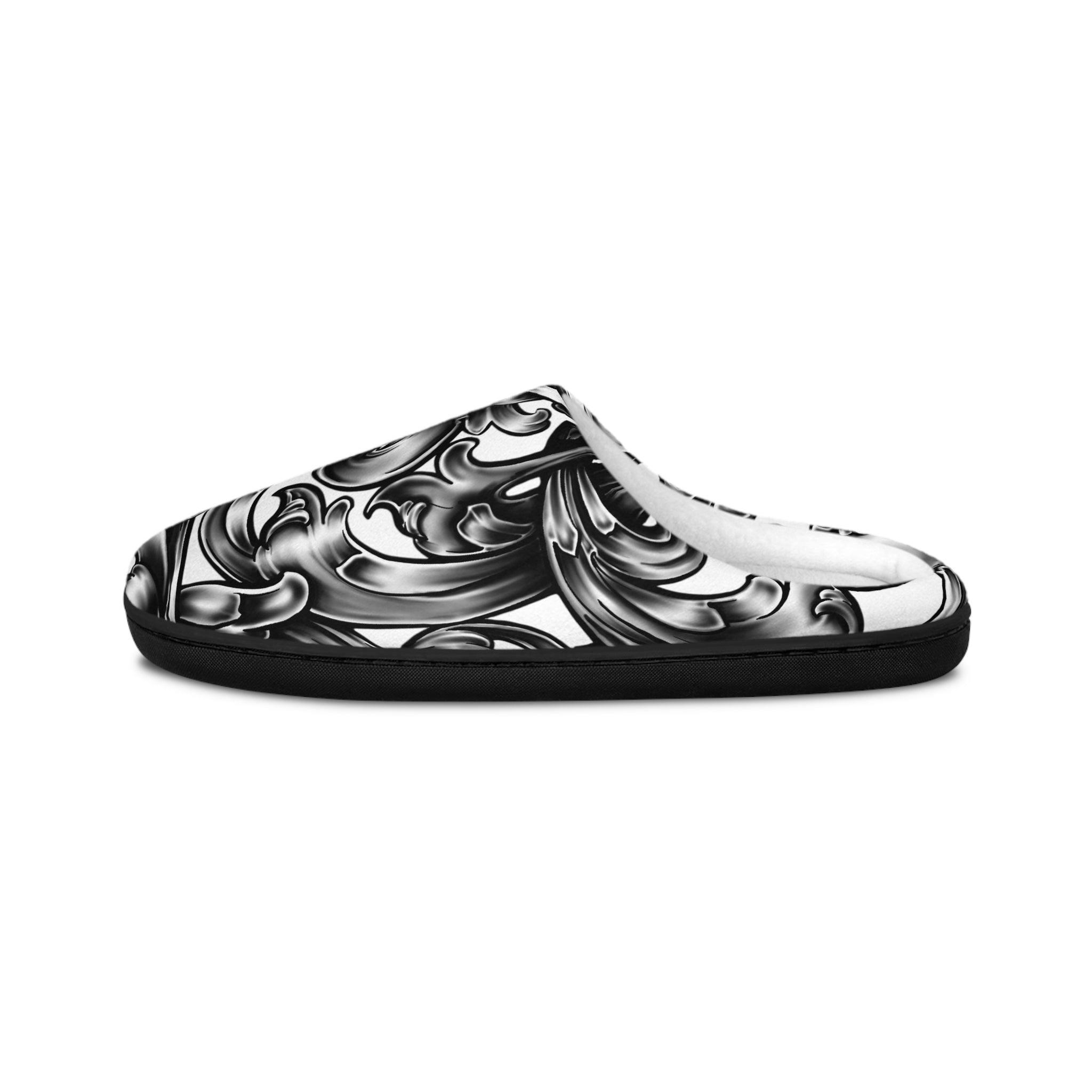 Men's Ornate Swirl Indoor Slippers — Black & White Baroque Comfort
