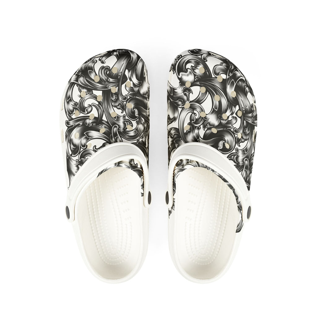 Baroque Swirl EVA Clogs — Black & White Floral Foam Slip-Ons