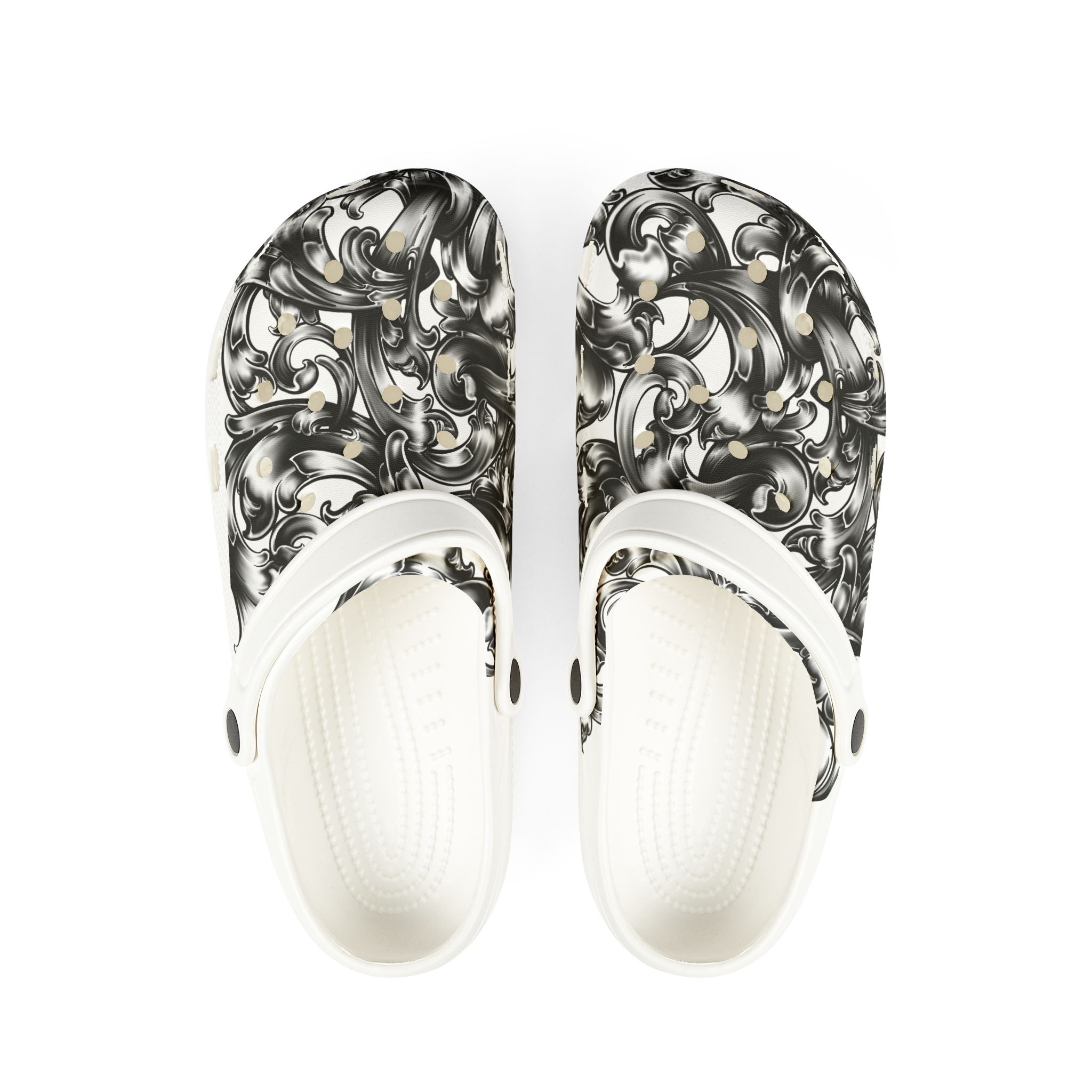 Baroque Swirl EVA Clogs — Black & White Floral Foam Slip-Ons