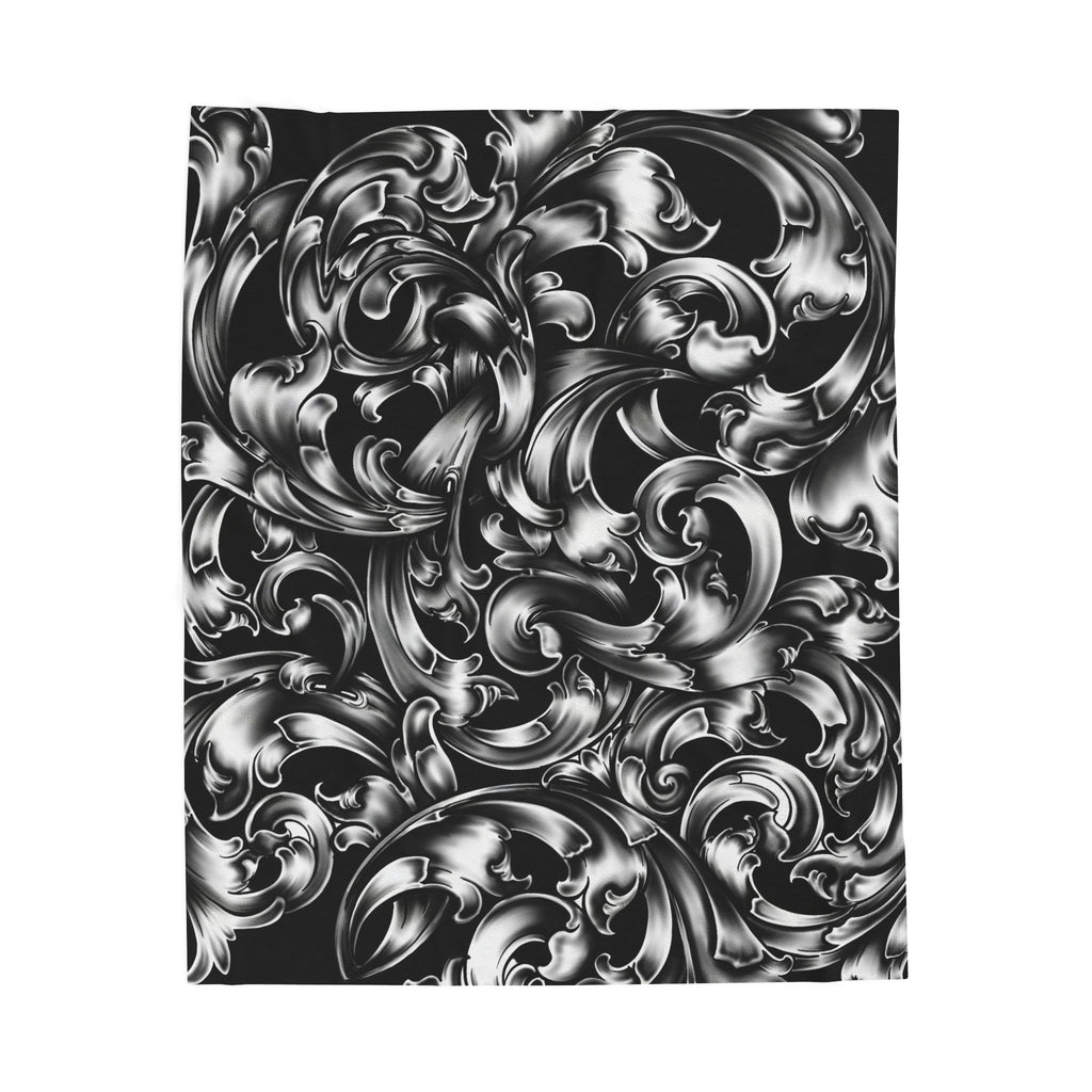 Baroque Swirl Velveteen Plush Blanket — Black & Silver Ornate Throw