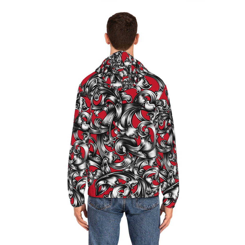 Men's Full-Zip Hoodie - Bold Red & Black Floral Design, Stylish Casual Wear, Gift for Him, Streetwear, Unique Layering Option