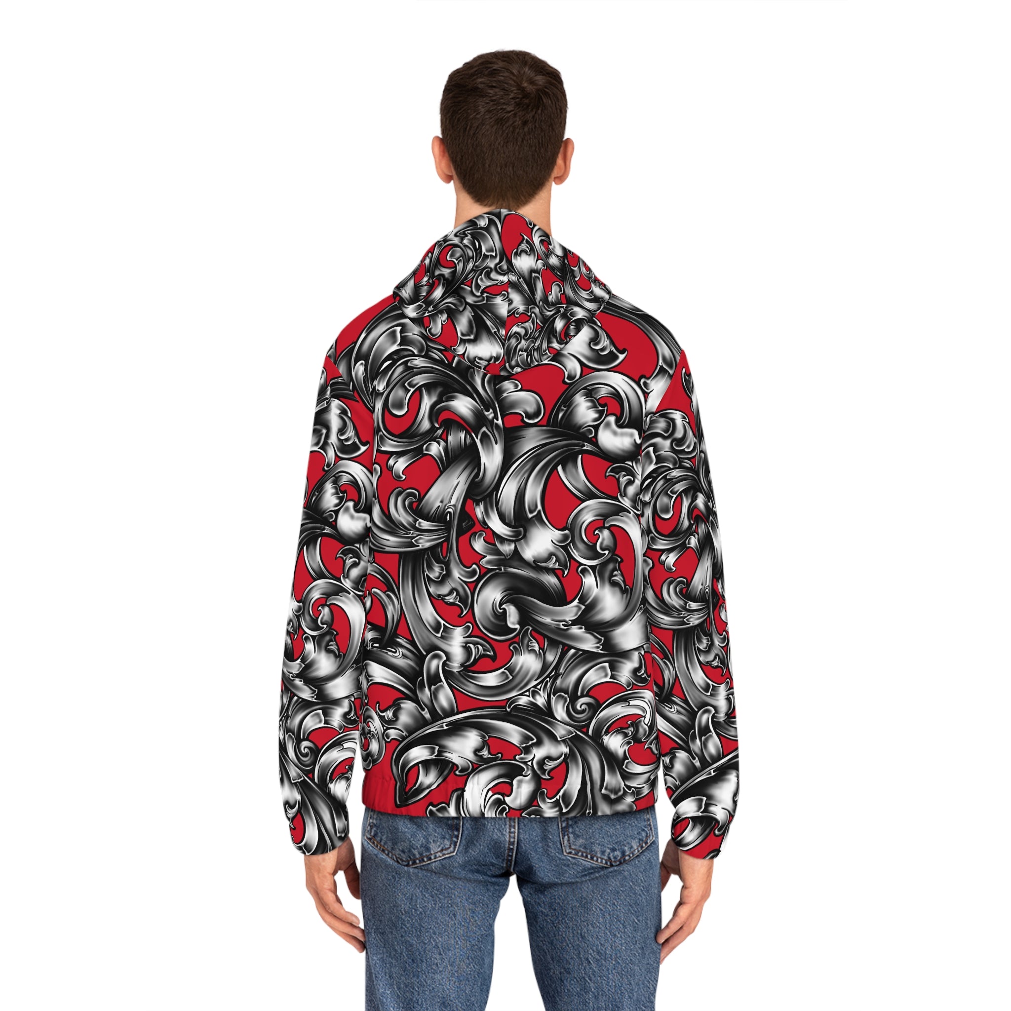 Men's Full-Zip Hoodie - Bold Red & Black Floral Design, Stylish Casual Wear, Gift for Him, Streetwear, Unique Layering Option