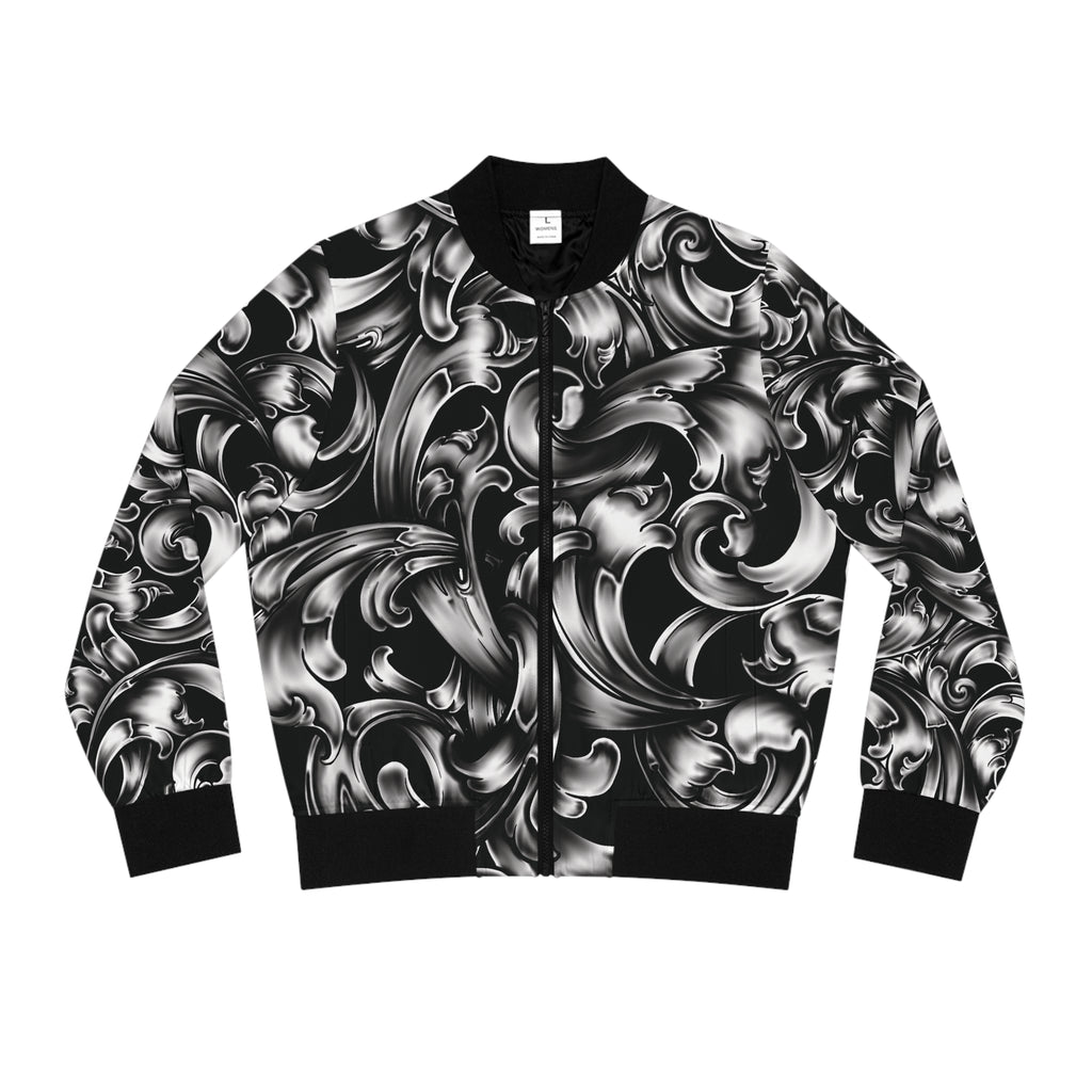 Baroque Swirl Women's Bomber Jacket — Black & Silver Ornate All-Over Print