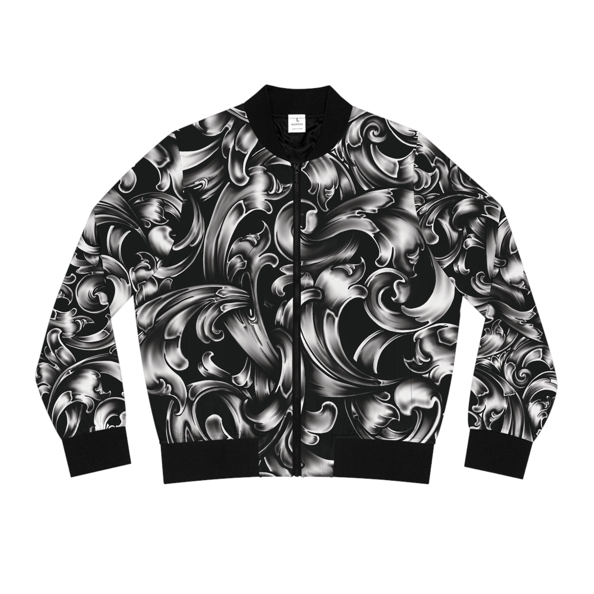 Baroque Swirl Women's Bomber Jacket — Black & Silver Ornate All-Over Print