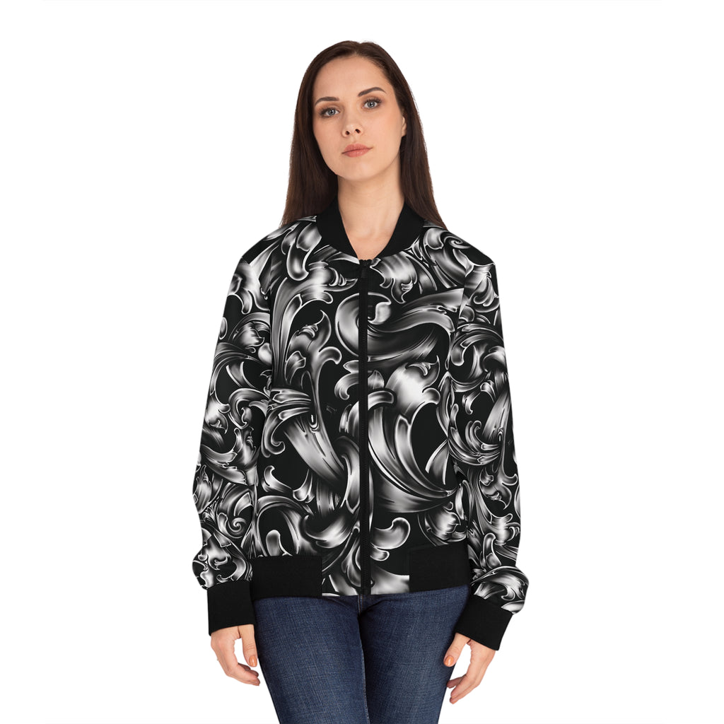 Baroque Swirl Women's Bomber Jacket — Black & Silver Ornate All-Over Print