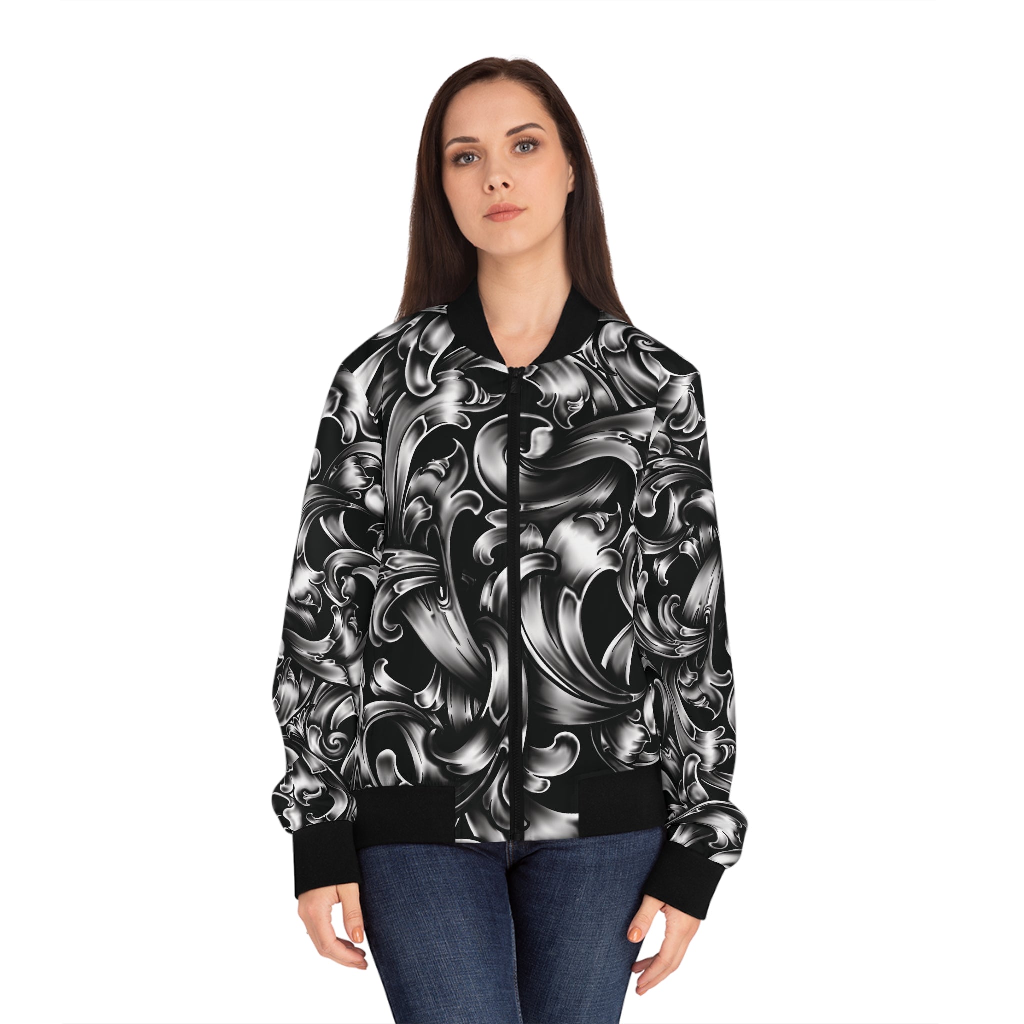 Baroque Swirl Women's Bomber Jacket — Black & Silver Ornate All-Over Print