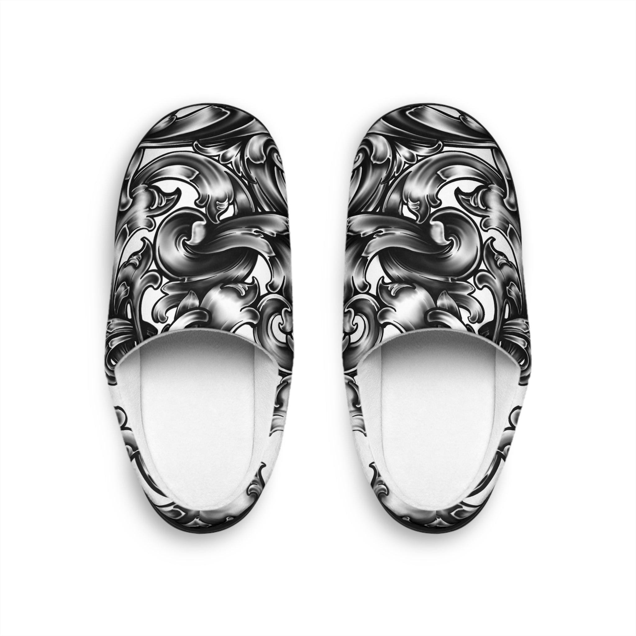 Men's Ornate Swirl Indoor Slippers — Black & White Baroque Comfort