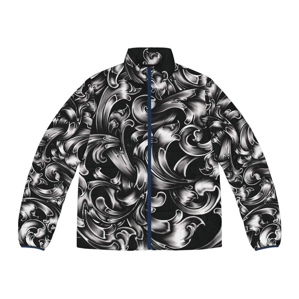 Baroque Swirl Puffer Jacket — Men's Black & Silver All-Over Print