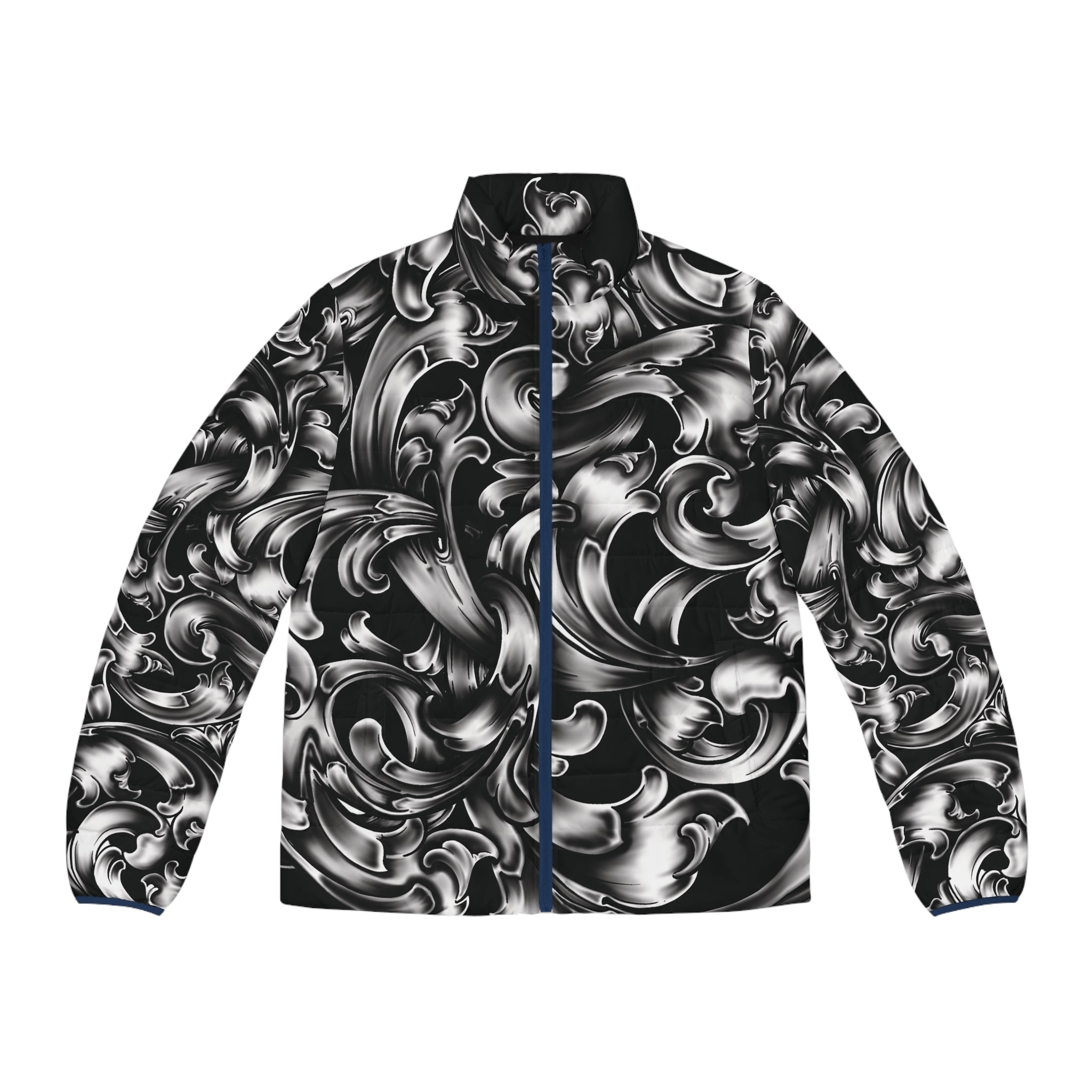 Baroque Swirl Puffer Jacket — Men's Black & Silver All-Over Print