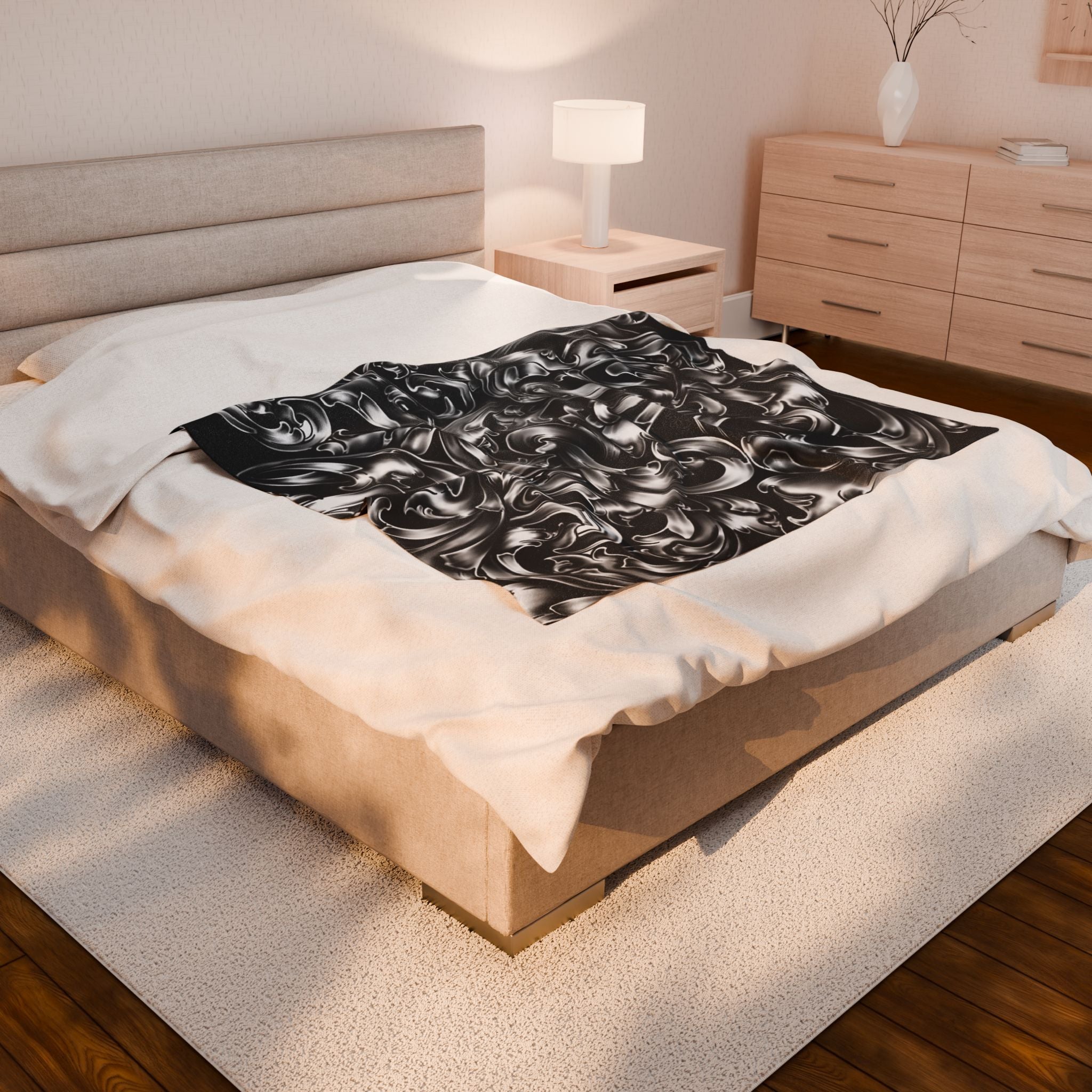 Baroque Swirl Velveteen Plush Blanket — Black & Silver Ornate Throw