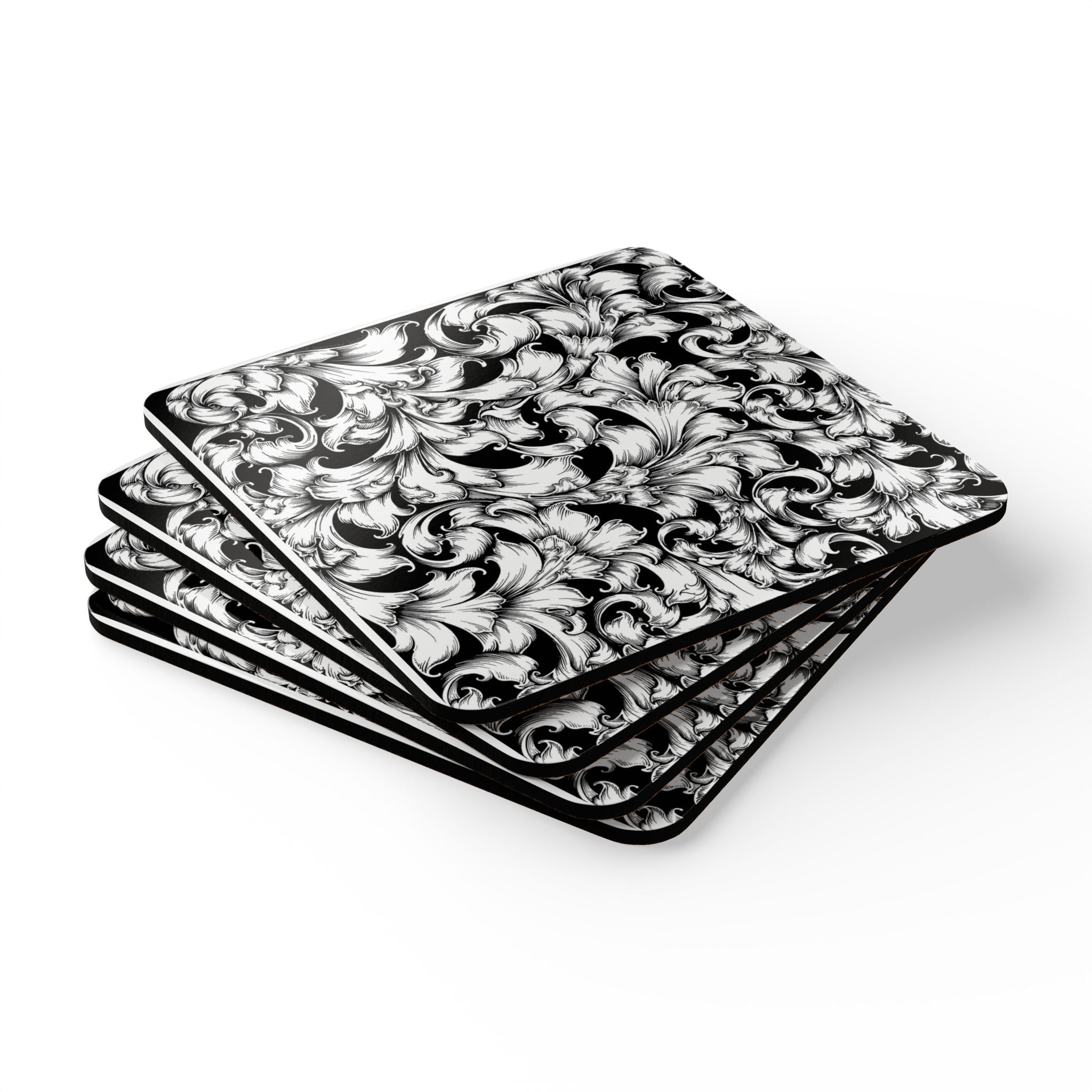 Elegant Corkwood Coaster Set | Vintage Black & White Design, Rustic Home Decor, Perfect for Gifts, Dining, or Coffee Tables