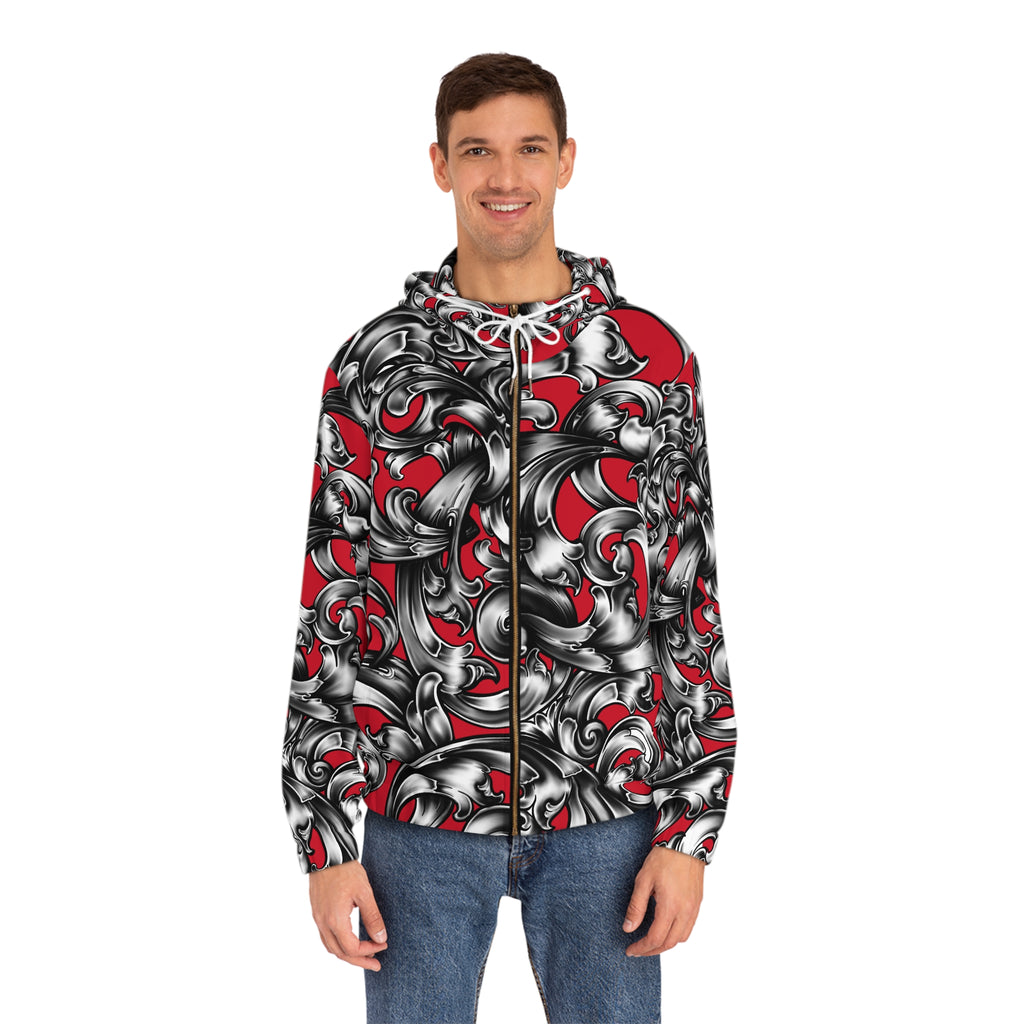 Men's Full-Zip Hoodie - Bold Red & Black Floral Design, Stylish Casual Wear, Gift for Him, Streetwear, Unique Layering Option