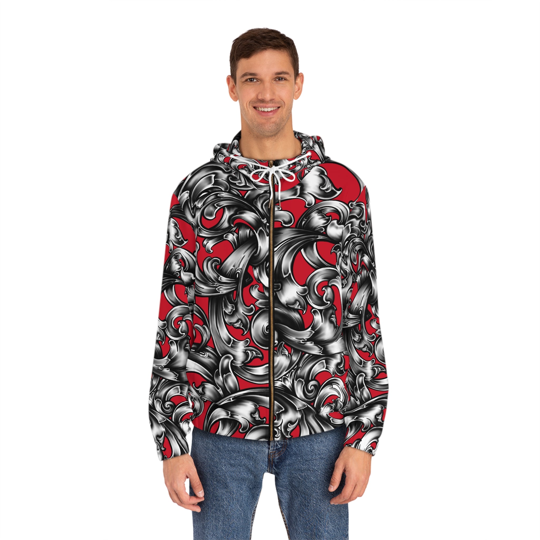 Men's Full-Zip Hoodie - Bold Red & Black Floral Design, Stylish Casual Wear, Gift for Him, Streetwear, Unique Layering Option