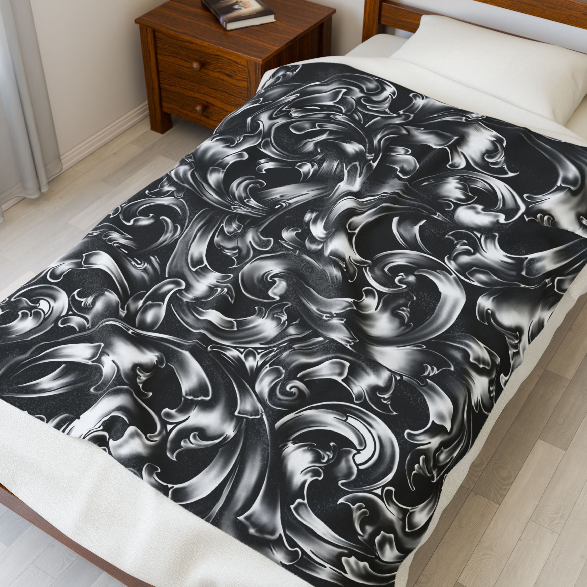 Baroque Swirl Velveteen Plush Blanket — Black & Silver Ornate Throw