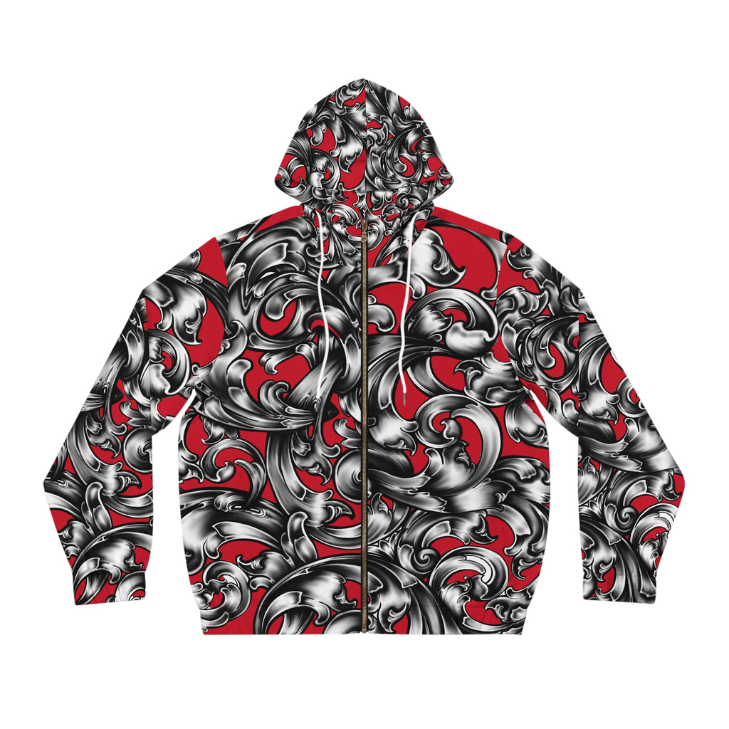 Men's Full-Zip Hoodie - Bold Red & Black Floral Design, Stylish Casual Wear, Gift for Him, Streetwear, Unique Layering Option