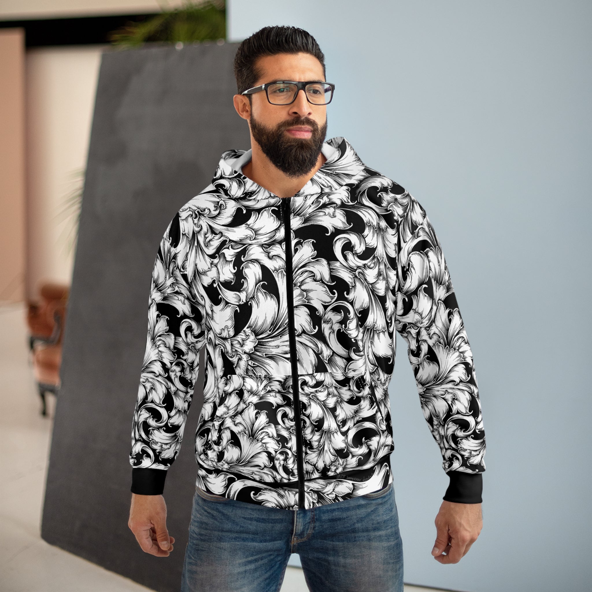 Chic Black and White Floral Zip Hoodie, Stylish Zip-Up Hoodie, Unisex Zip Hoodie, Casual Wear, Gift for Her, Fashion Hoodie