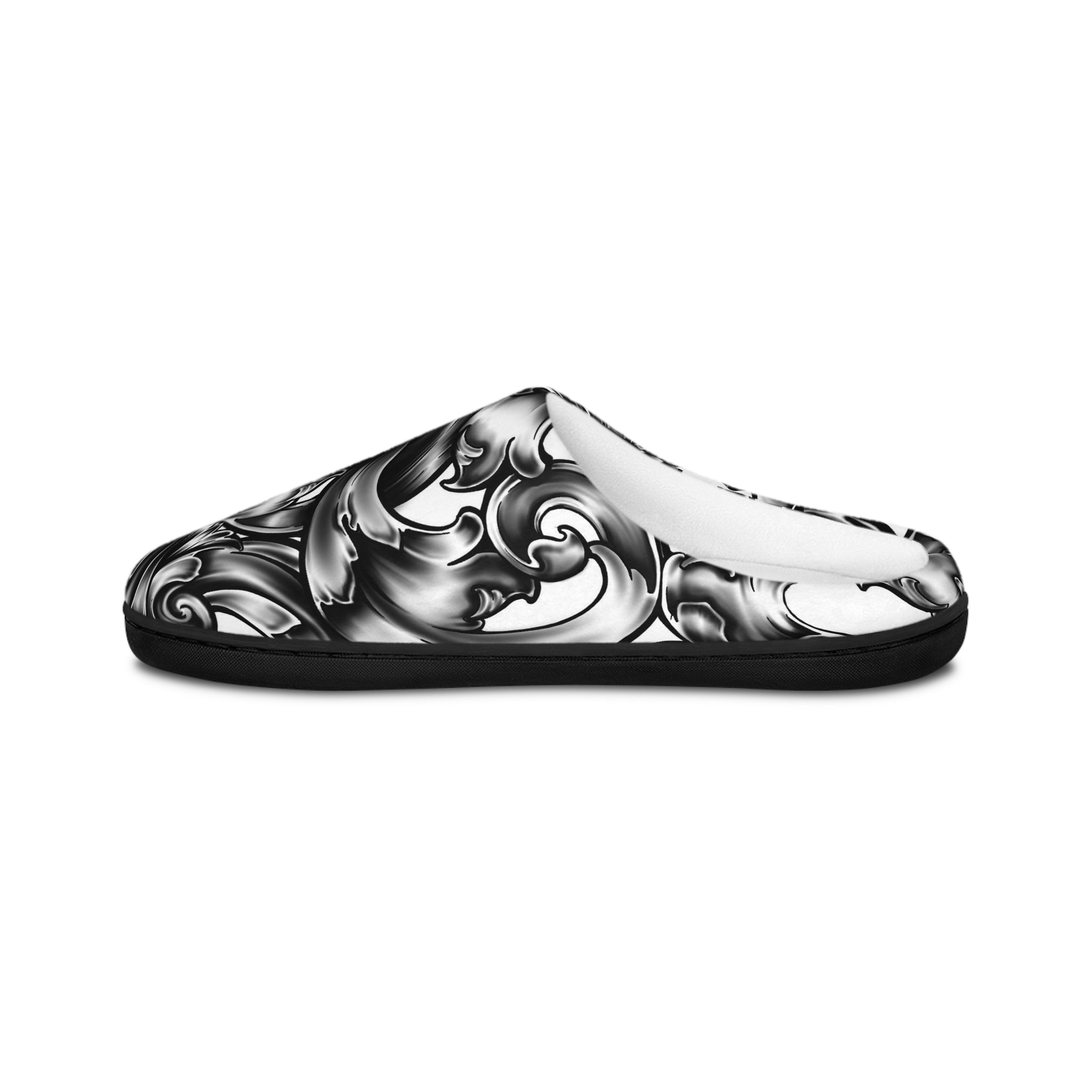 Men's Ornate Swirl Indoor Slippers — Black & White Baroque Comfort