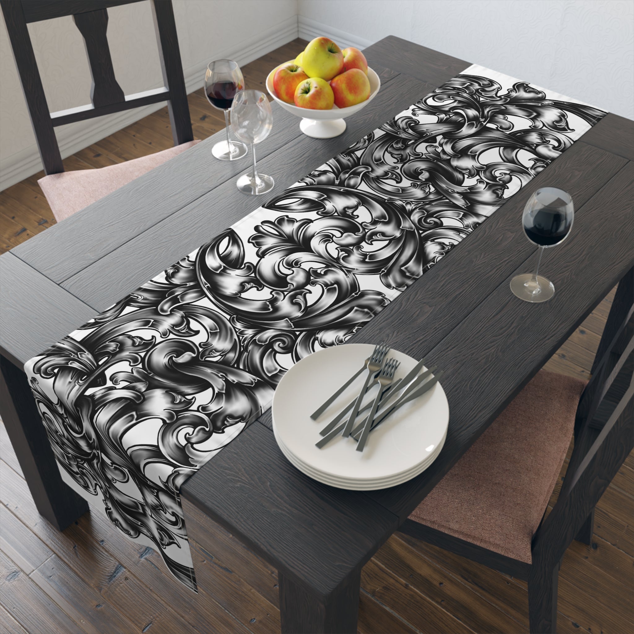 Elegant Black and White Floral Table Runner for Dining Decor