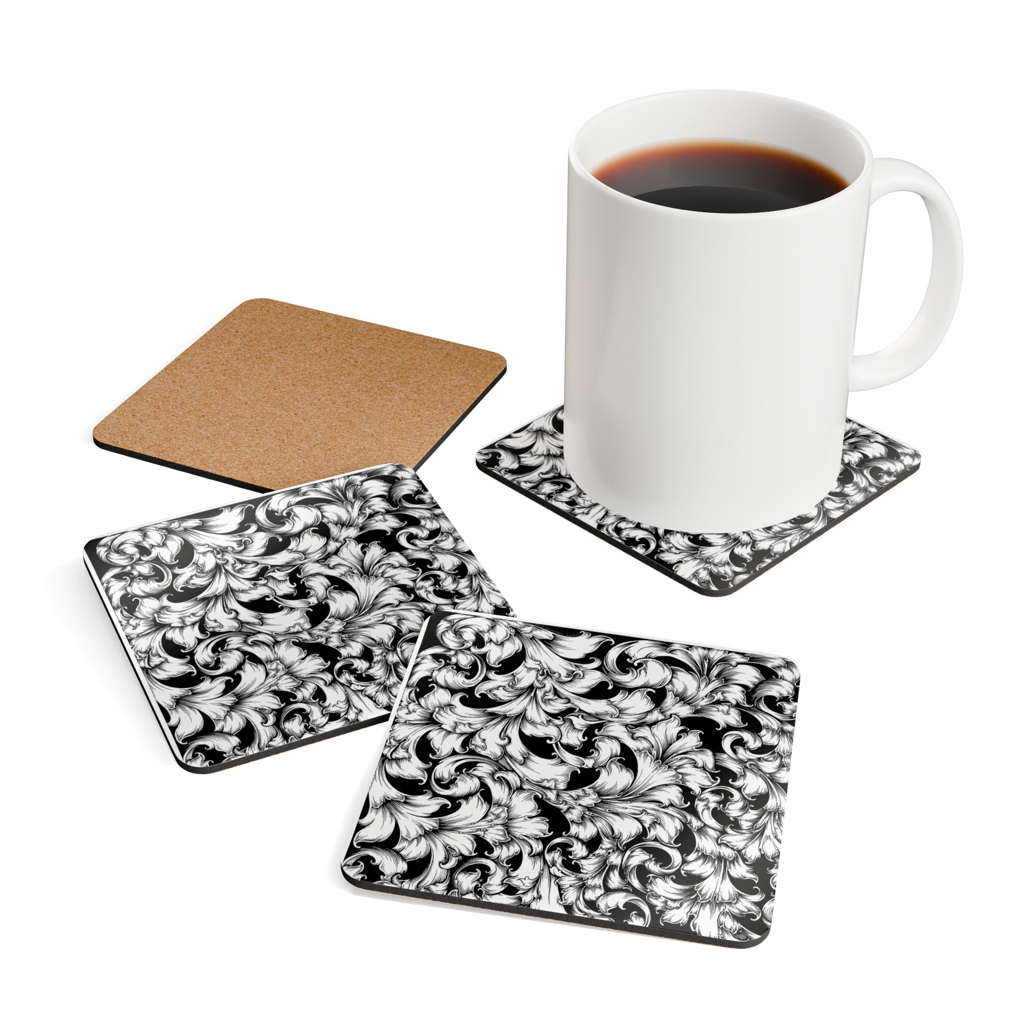 Elegant Corkwood Coaster Set | Vintage Black & White Design, Rustic Home Decor, Perfect for Gifts, Dining, or Coffee Tables