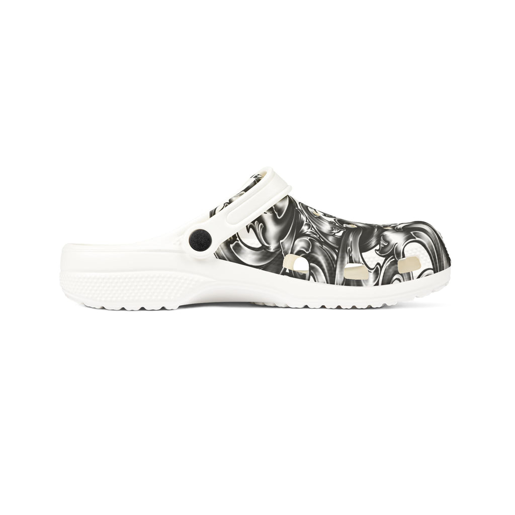 Baroque Swirl EVA Clogs — Black & White Floral Foam Slip-Ons