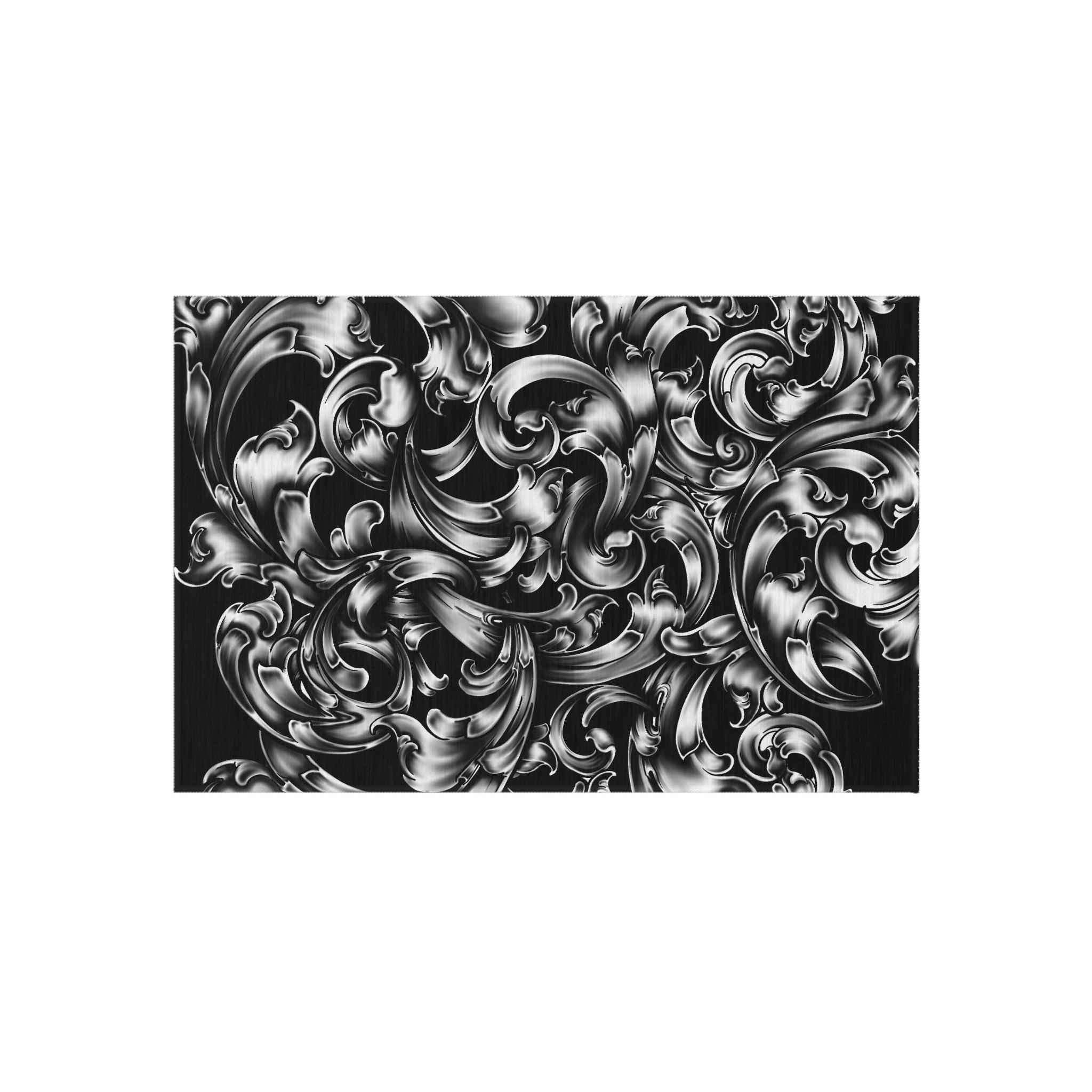Outdoor Rug — Black Baroque Scrollwork Patio Mat