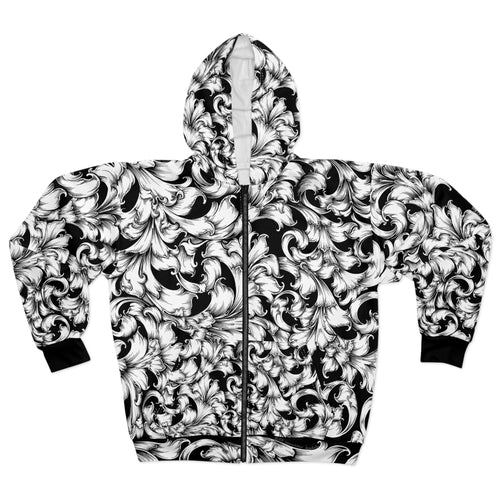 Chic Black and White Floral Zip Hoodie, Stylish Zip-Up Hoodie, Unisex Zip Hoodie, Casual Wear, Gift for Her, Fashion Hoodie