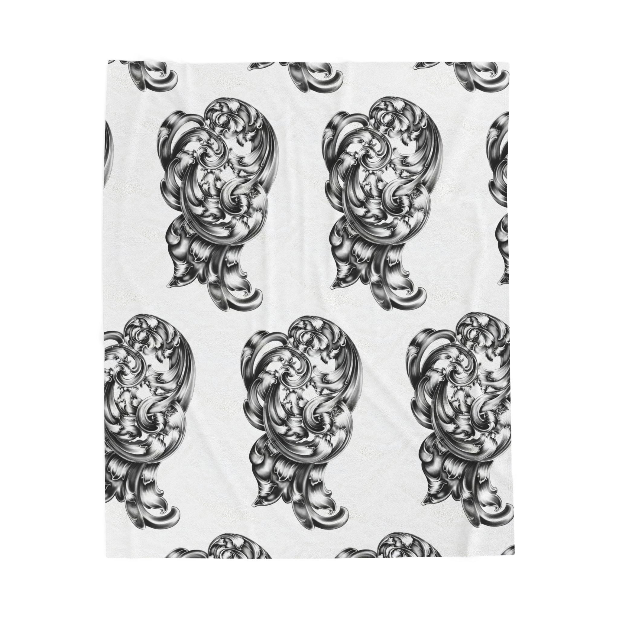Ornate Heart Pattern Velveteen Plush Blanket — Vintage Baroque Heart Throw