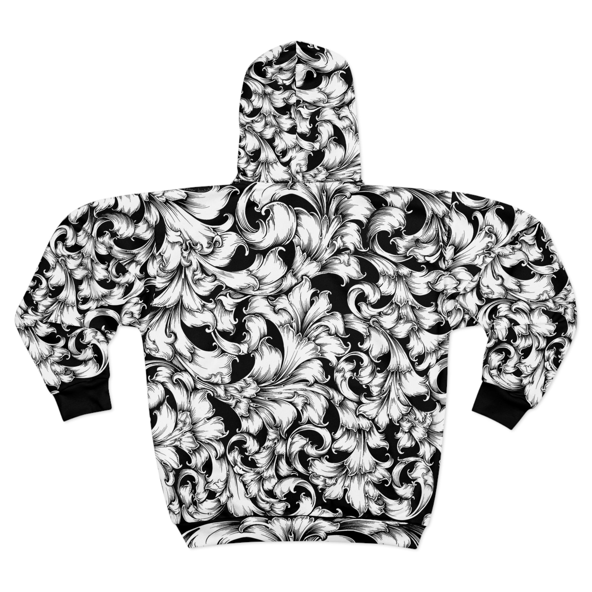 Chic Black and White Floral Zip Hoodie, Stylish Zip-Up Hoodie, Unisex Zip Hoodie, Casual Wear, Gift for Her, Fashion Hoodie