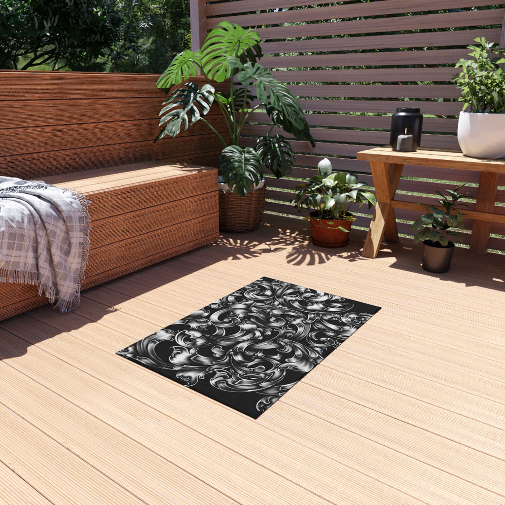 Outdoor Rug — Black Baroque Scrollwork Patio Mat