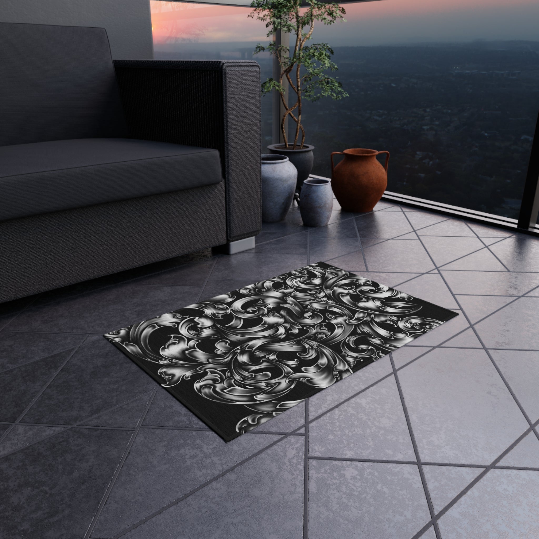 Outdoor Rug — Black Baroque Scrollwork Patio Mat
