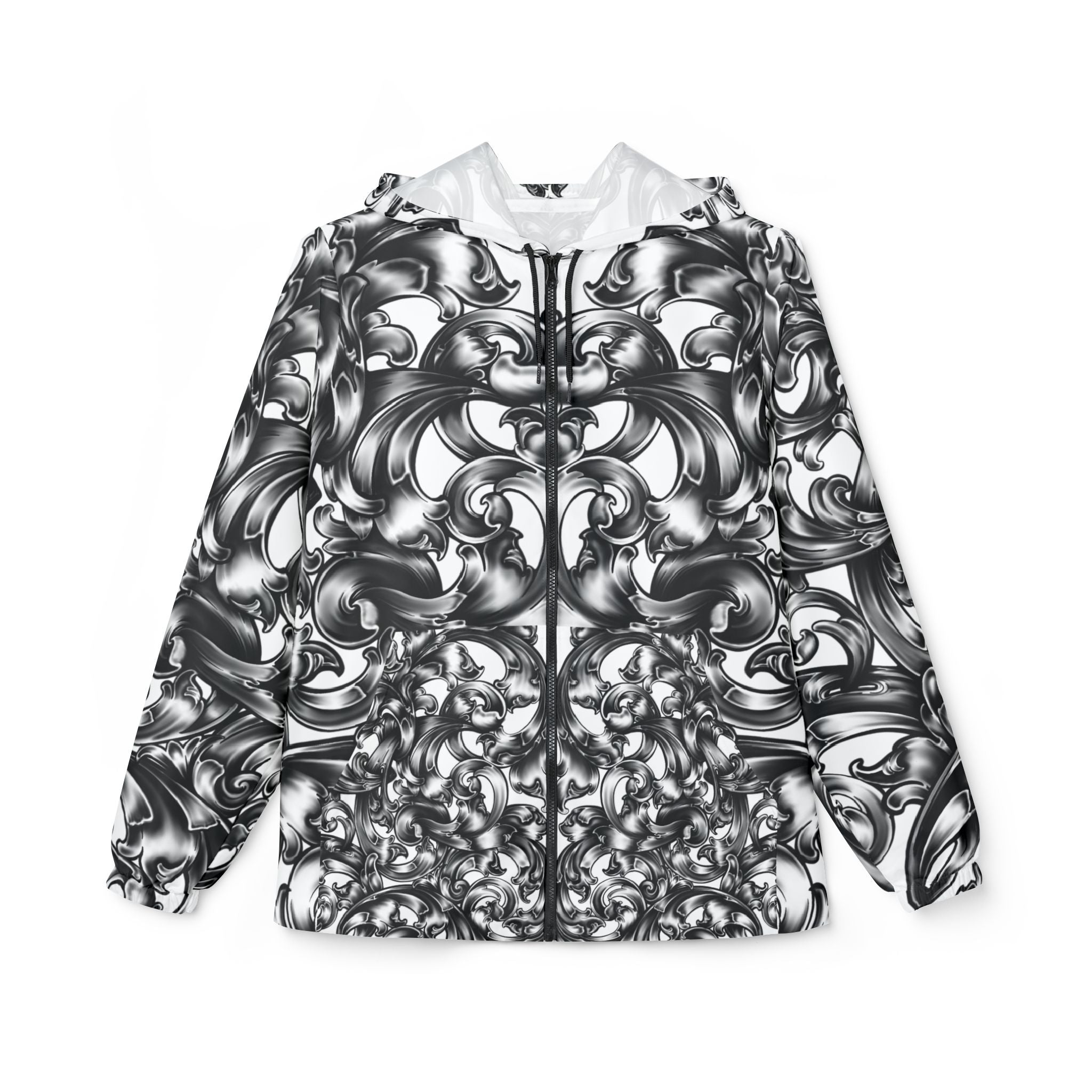 Baroque Swirl Windbreaker Jacket — Monochrome Artistic All-Over Print