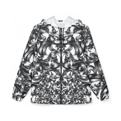 Baroque Swirl Windbreaker Jacket — Monochrome Artistic All-Over Print