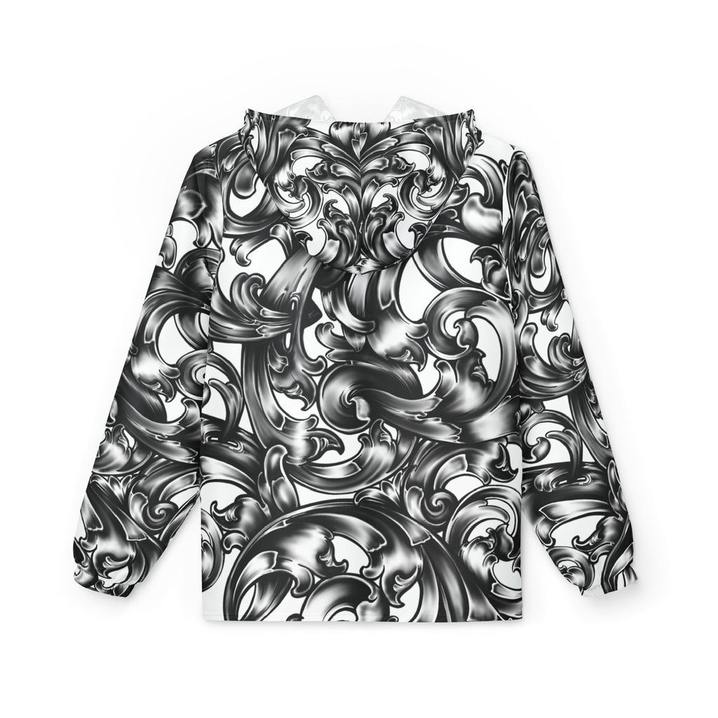 Baroque Swirl Windbreaker Jacket — Monochrome Artistic All-Over Print