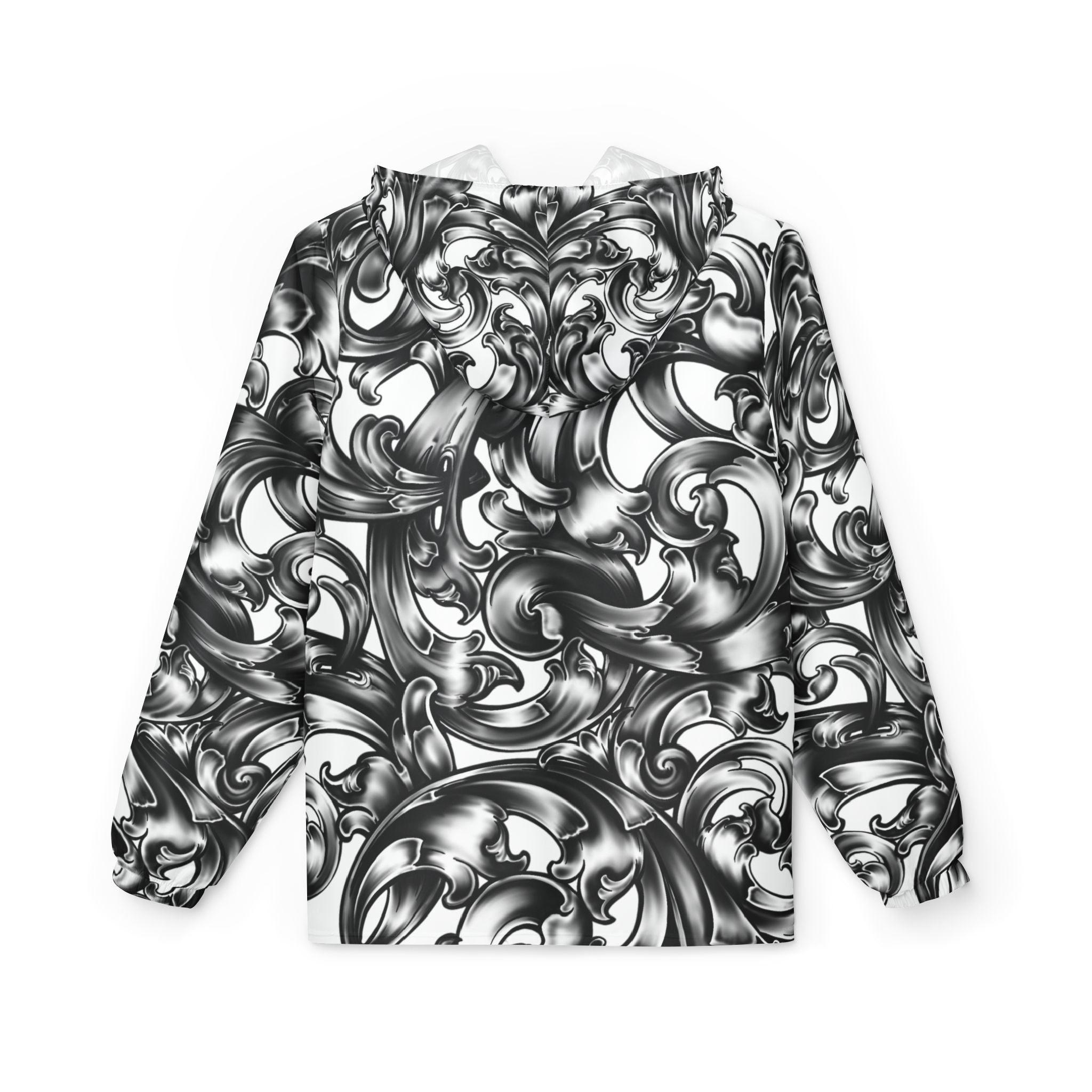 Baroque Swirl Windbreaker Jacket — Monochrome Artistic All-Over Print