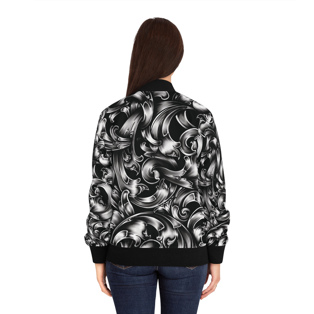 Baroque Swirl Women's Bomber Jacket — Black & Silver Ornate All-Over Print