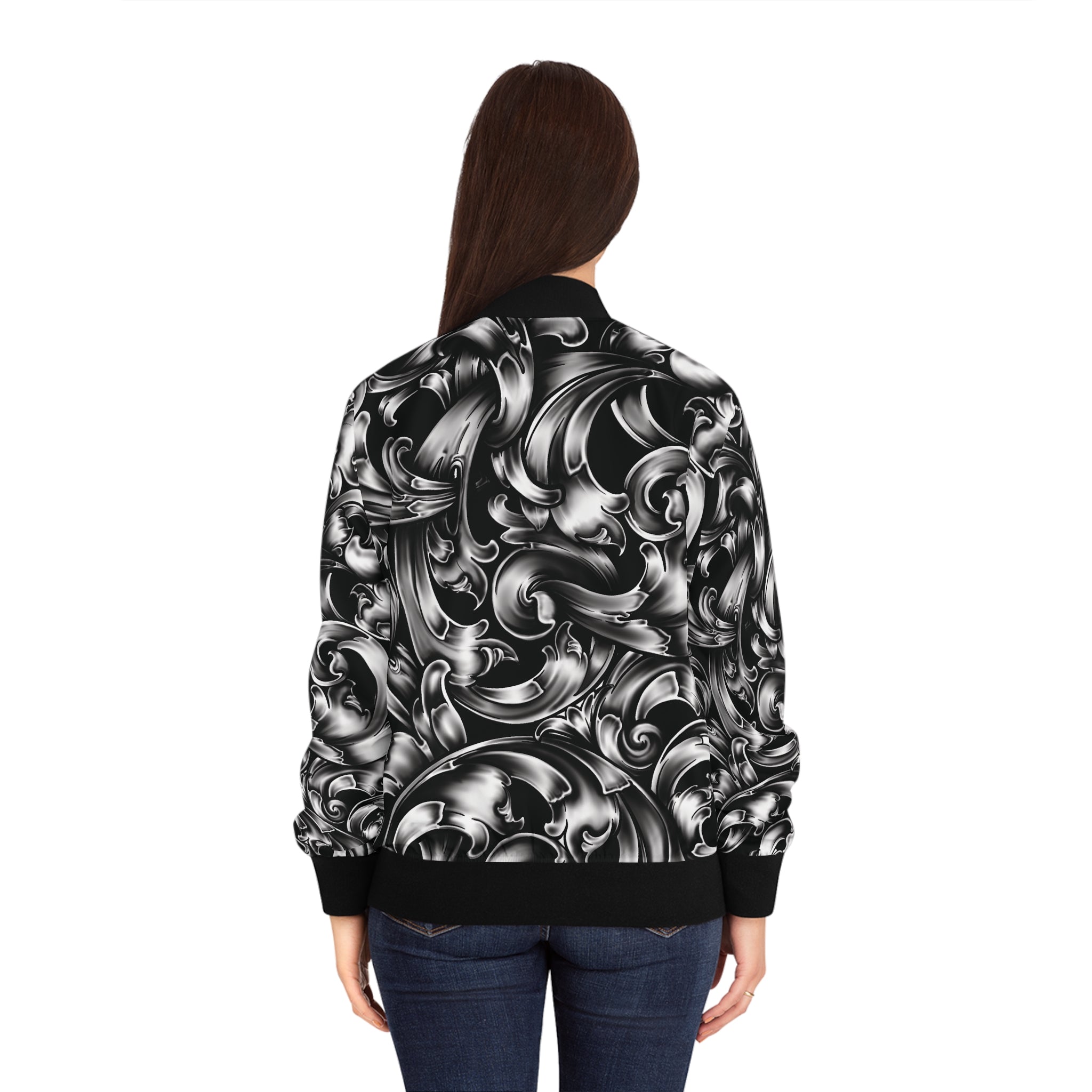 Baroque Swirl Women's Bomber Jacket — Black & Silver Ornate All-Over Print
