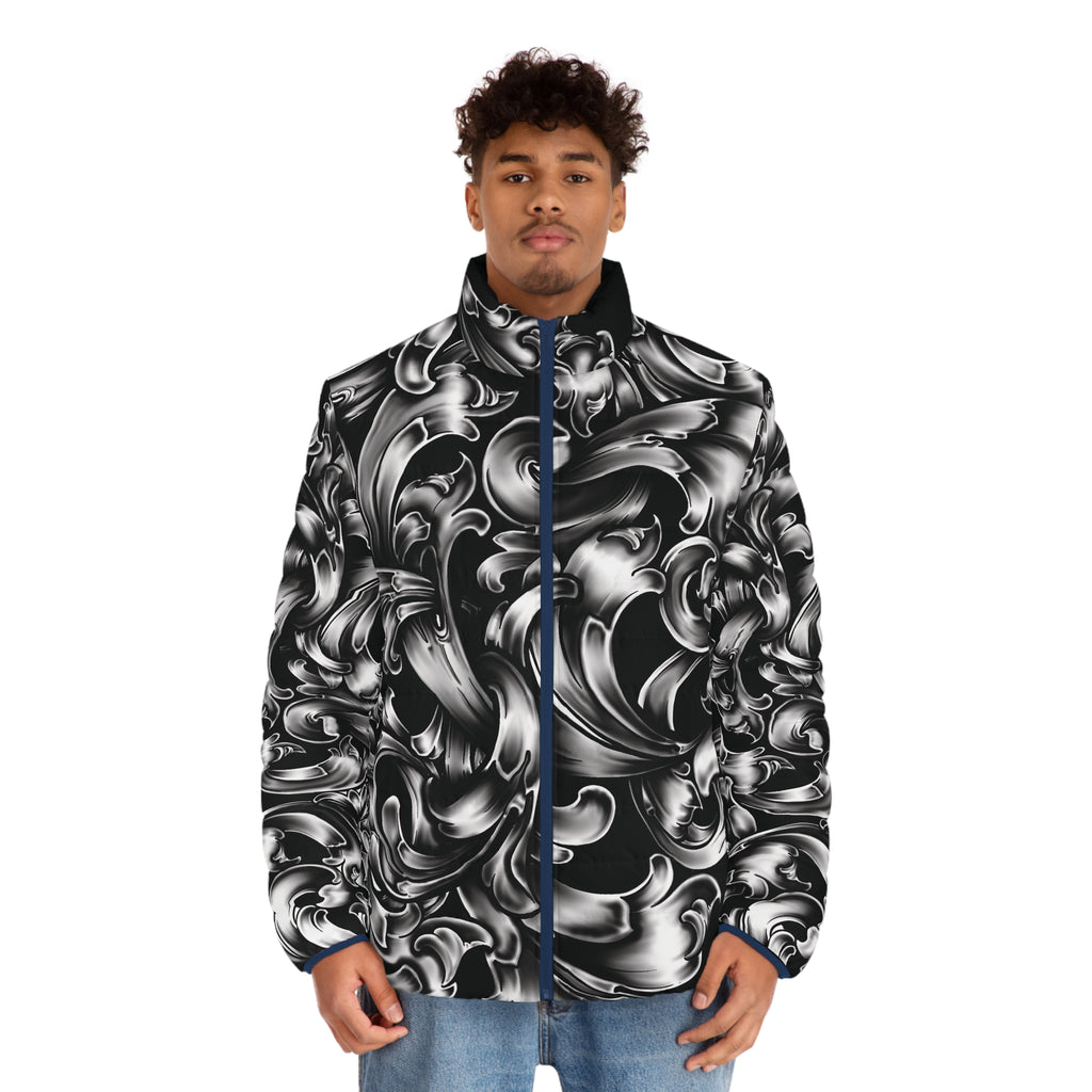 Baroque Swirl Puffer Jacket — Men's Black & Silver All-Over Print