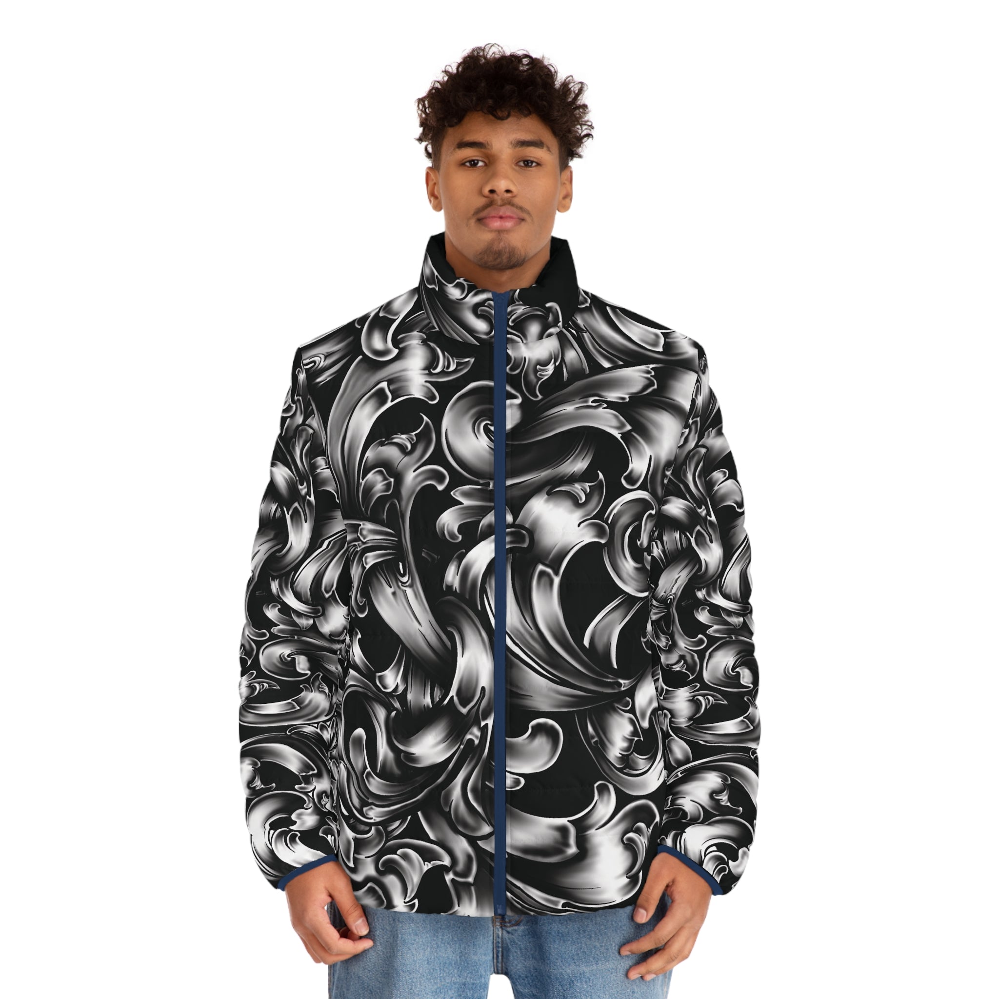 Baroque Swirl Puffer Jacket — Men's Black & Silver All-Over Print