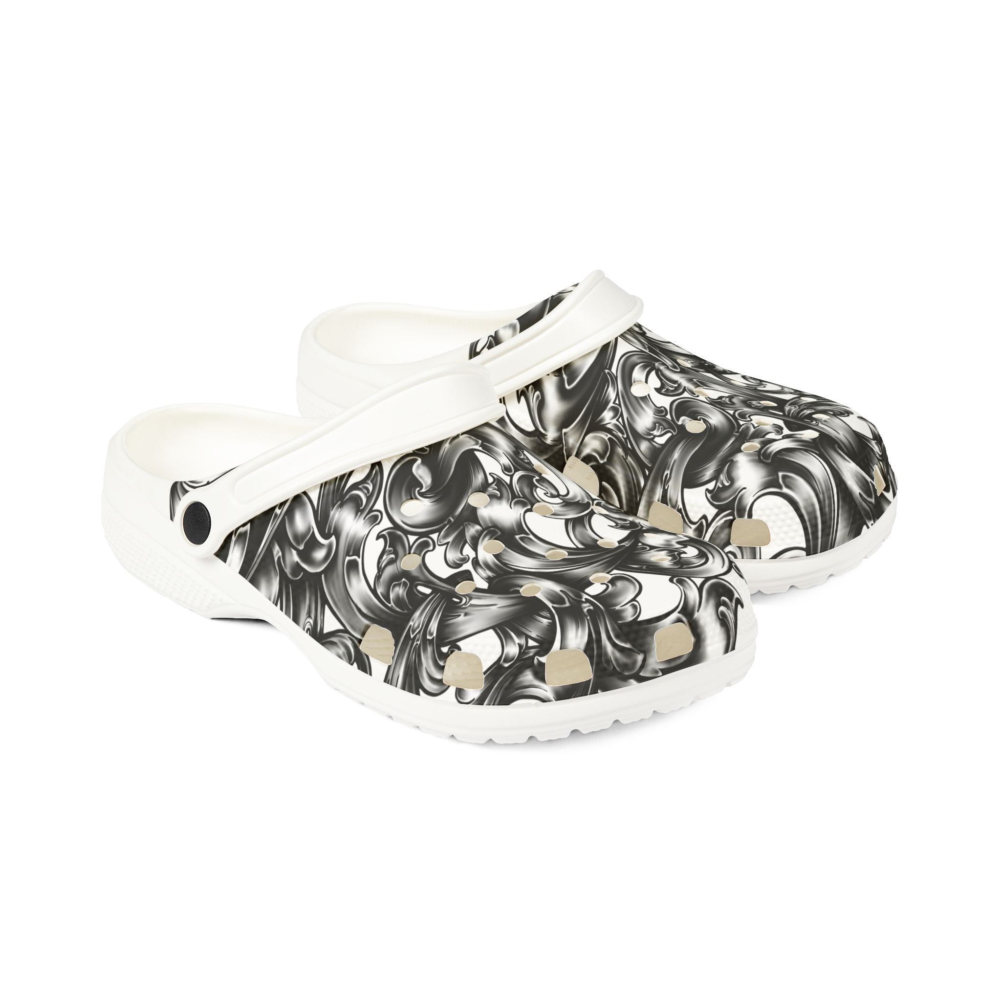 Baroque Swirl EVA Clogs — Black & White Floral Foam Slip-Ons