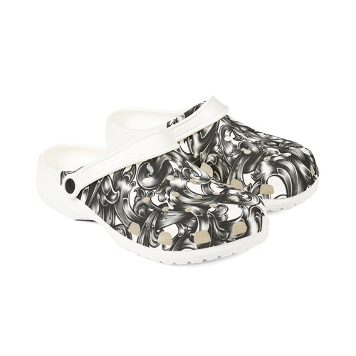 Baroque Swirl EVA Clogs — Black & White Floral Foam Slip-Ons