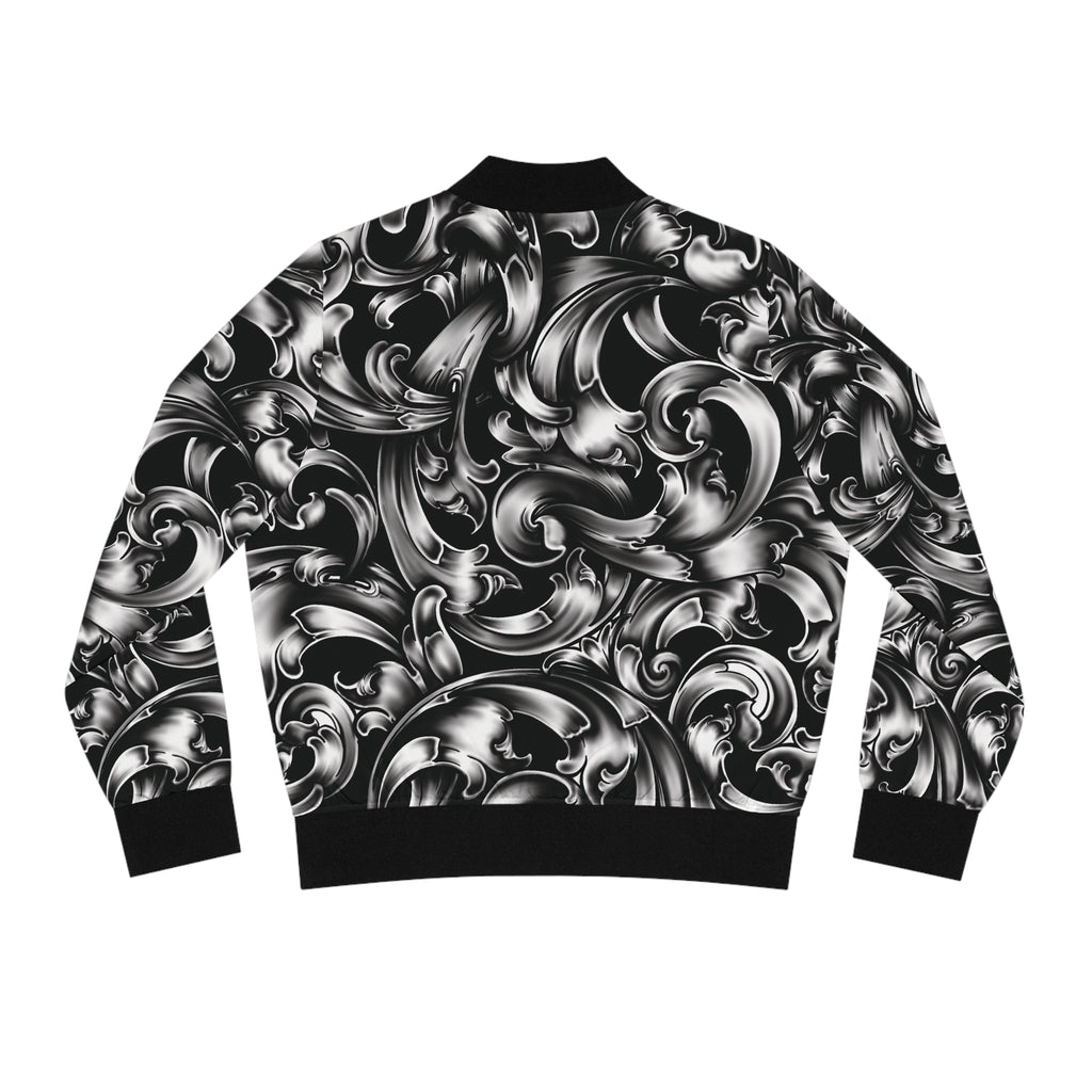 Baroque Swirl Women's Bomber Jacket — Black & Silver Ornate All-Over Print