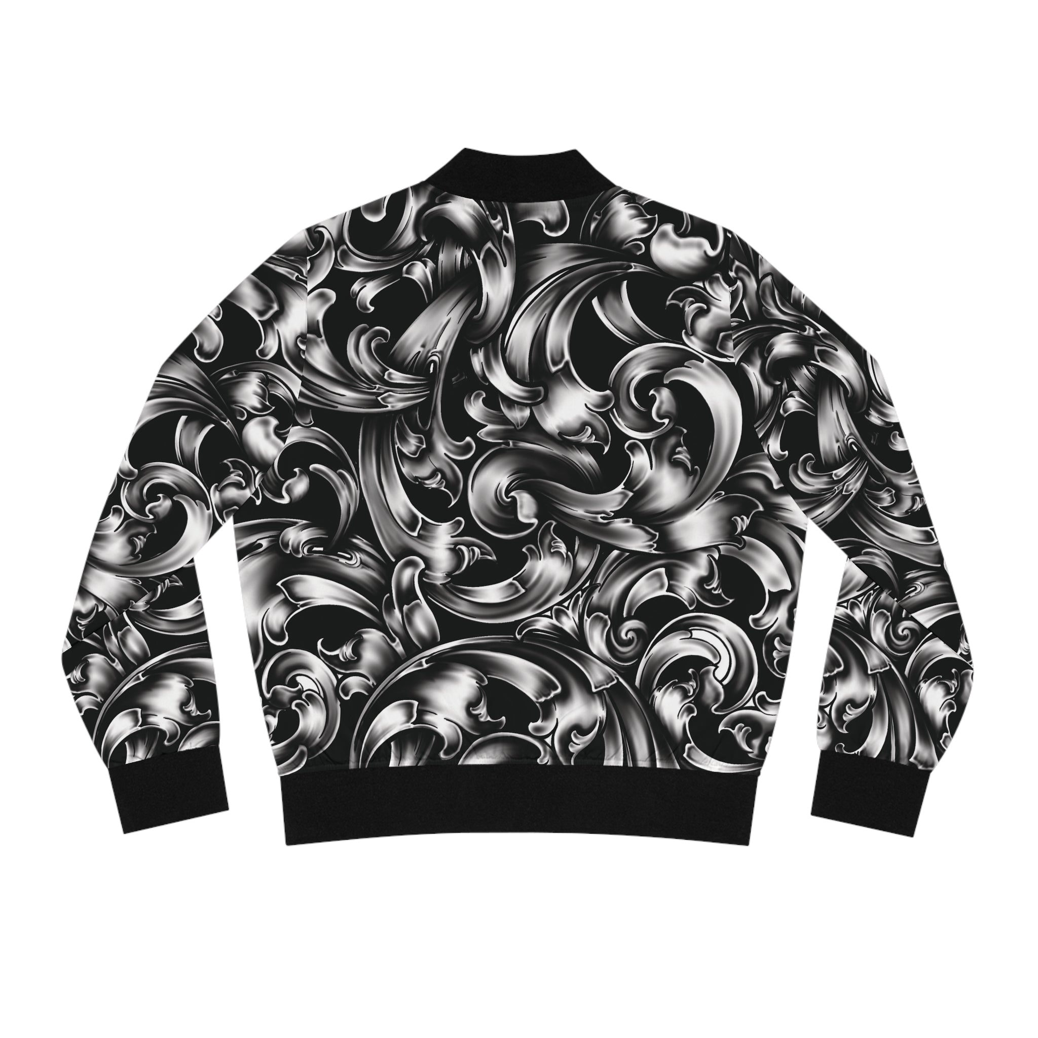 Baroque Swirl Women's Bomber Jacket — Black & Silver Ornate All-Over Print