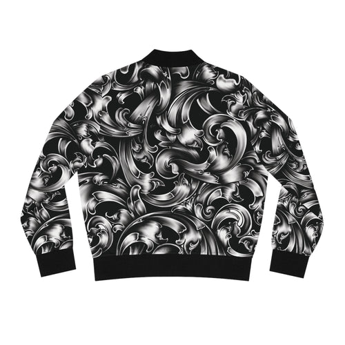 Baroque Swirl Women's Bomber Jacket — Black & Silver Ornate All-Over Print