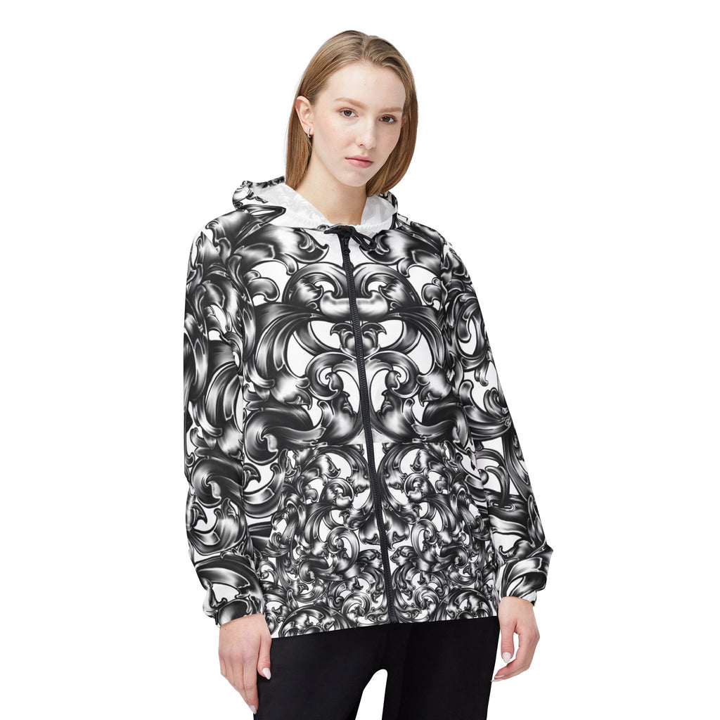 Baroque Swirl Windbreaker Jacket — Monochrome Artistic All-Over Print