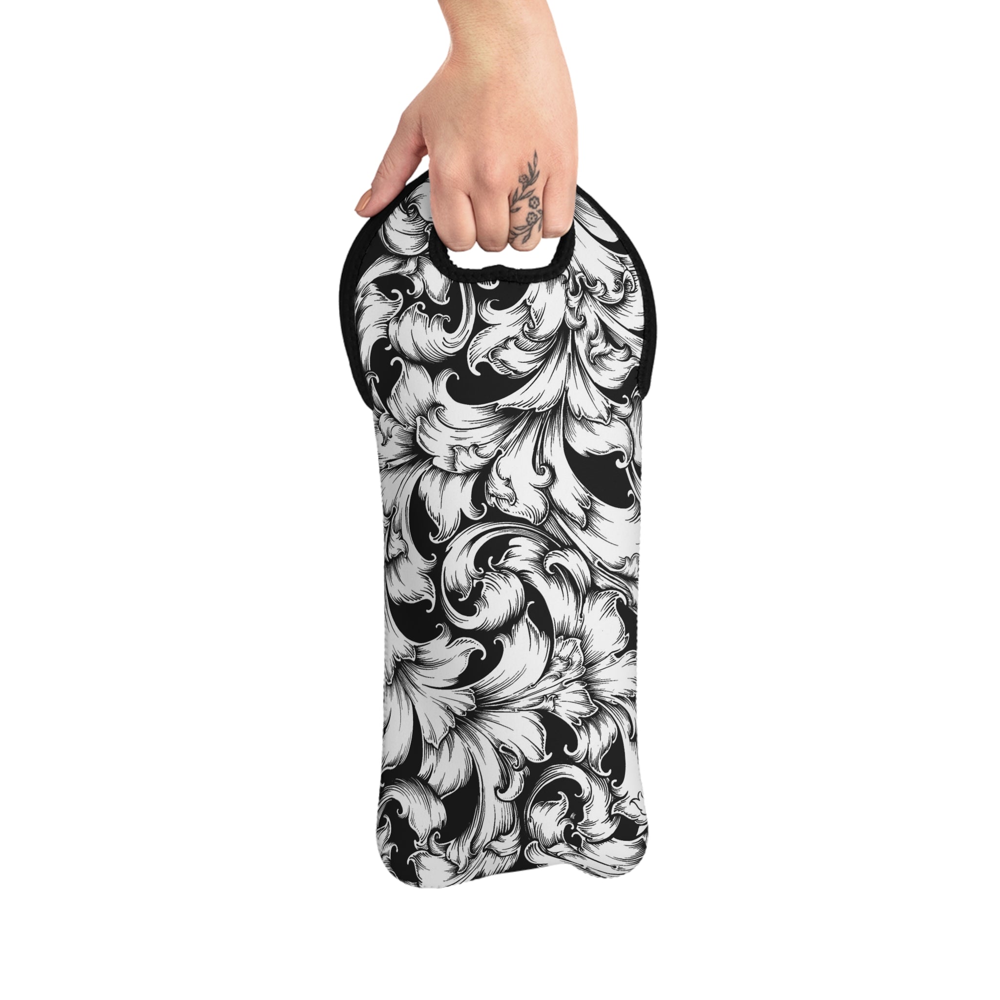 Elegant Wine Tote Bag, Stylish Wine Carrier, Party Accessory, Perfect Gift for Wine Lovers, Black and White Floral Design