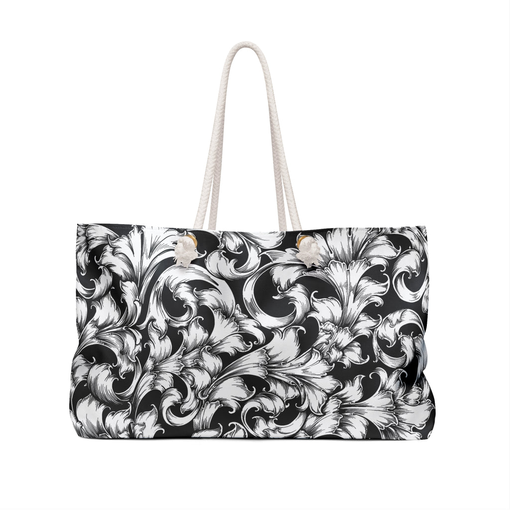 Stylish Weekender Bag for Travel, Gym, Yoga, Tote, Gym Bag, Black and White Floral Design