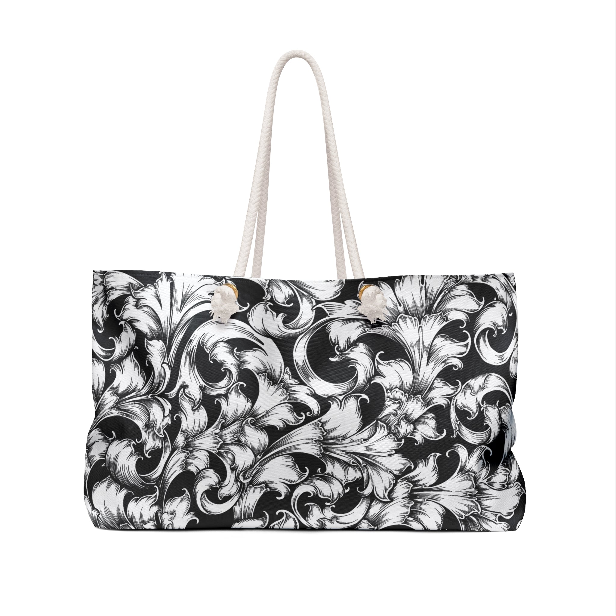 Stylish Weekender Bag for Travel, Gym, Yoga, Tote, Gym Bag, Black and White Floral Design
