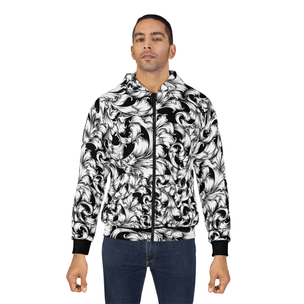 Chic Black and White Floral Zip Hoodie, Stylish Zip-Up Hoodie, Unisex Zip Hoodie, Casual Wear, Gift for Her, Fashion Hoodie